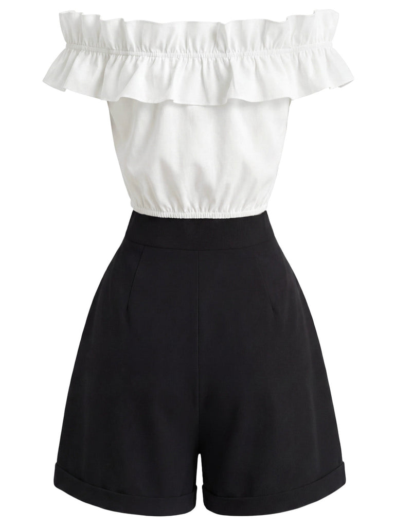 [Prévente] 2PCS Crop Top Épaules Dénudées à Volants Boutonné & Short Années 1950 4