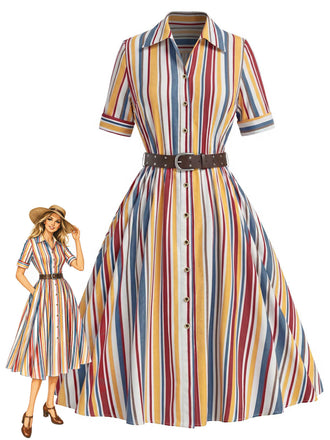 [Prévente] Robe Chemise à Rayures Verticales avec Boutons et Ceinture Années 1930