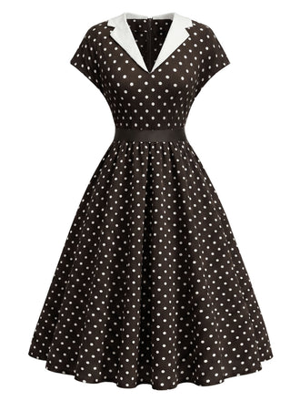 [Prévente] Robe Évasée Marron à Pois Col Cranté Manches Courtes Années 1950 2