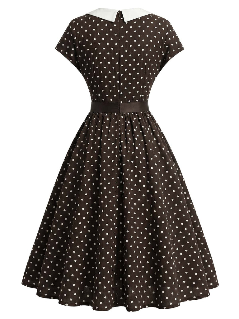 [Prévente] Robe Évasée Marron à Pois Col Cranté Manches Courtes Années 1950 4