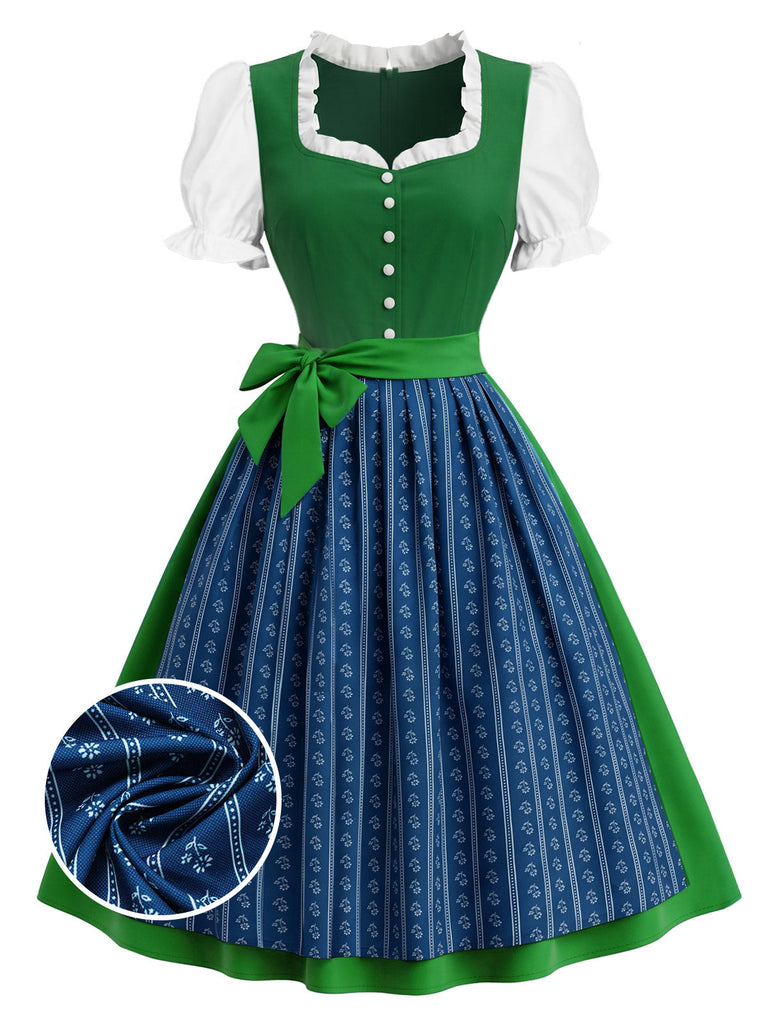[Prévente] 2PCS Vert Bleu Dirndl Manches Bouffantes Robe Folk Années 1950