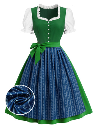 [Prévente] 2PCS Vert Bleu Dirndl Manches Bouffantes Robe Folk Années 1950