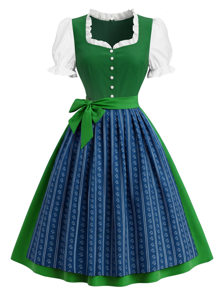 [Prévente] 2PCS Vert Bleu Dirndl Manches Bouffantes Robe Folk Années 1950