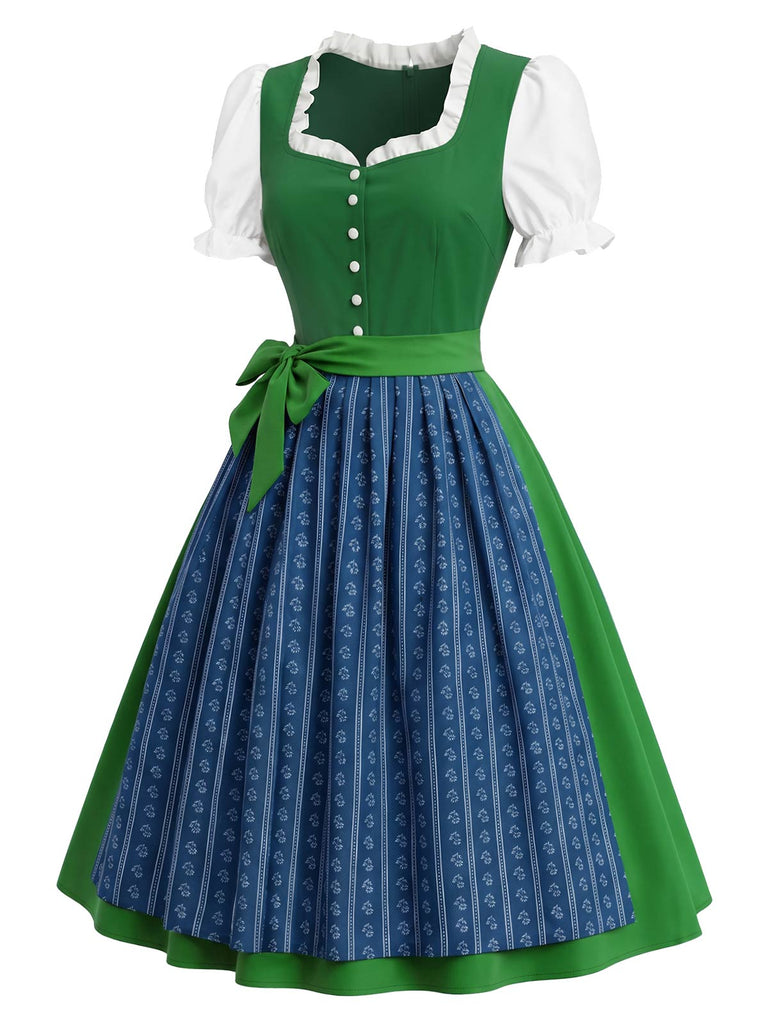 [Prévente] 2PCS Vert Bleu Dirndl Manches Bouffantes Robe Folk Années 1950