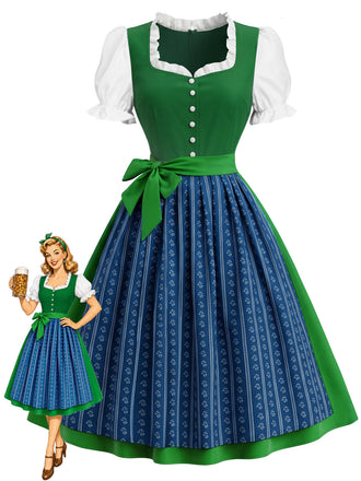 [Prévente] 2PCS Vert Bleu Dirndl Manches Bouffantes Robe Folk Années 1950