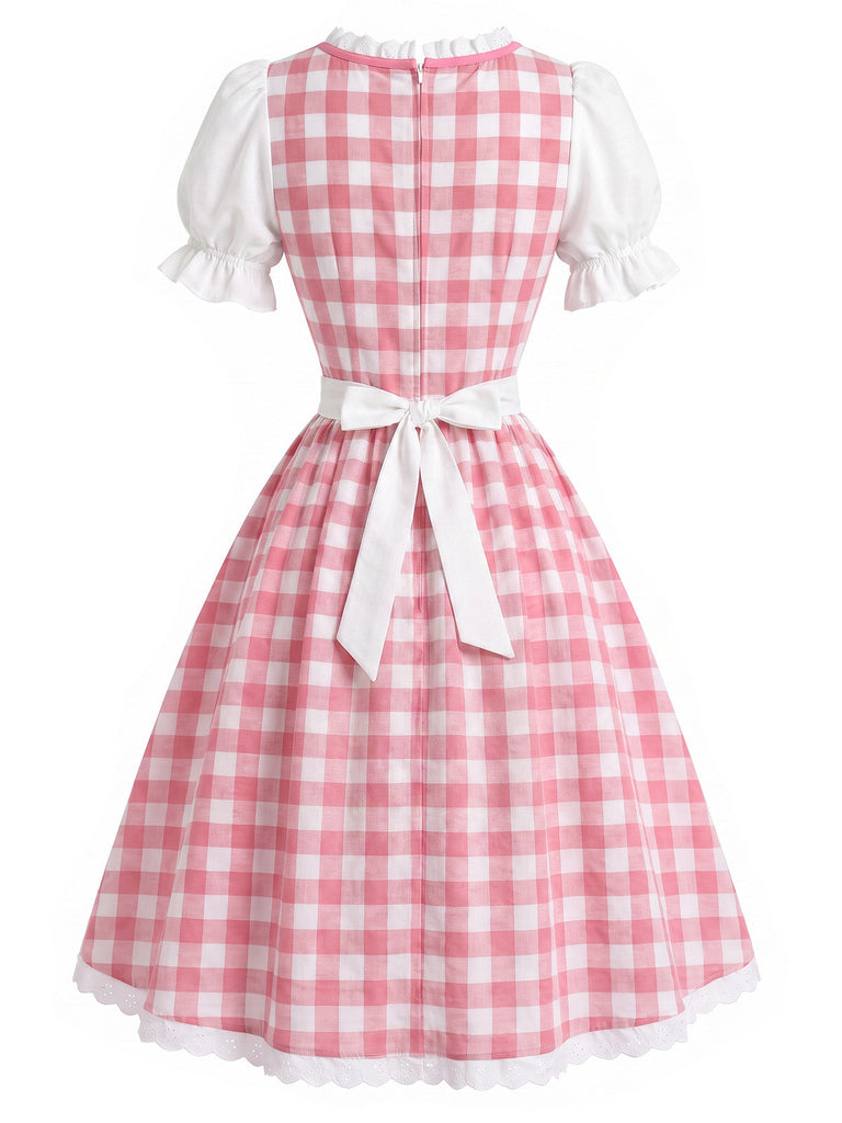 [Prévente] 2PCS Robe Bouffante à Carreaux Floraux Rose et Blanc avec Tablier Années 1950
