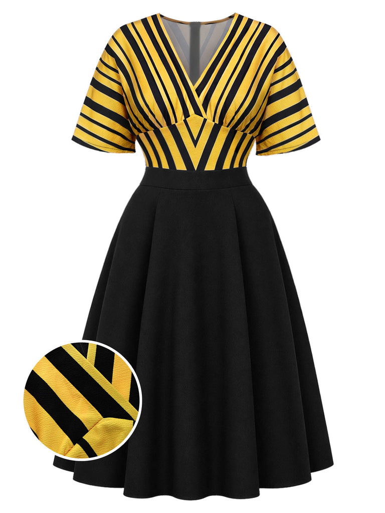 [Pre-Sale] Plus Size Bgo 1960s Floral V Neck Striped Dress
