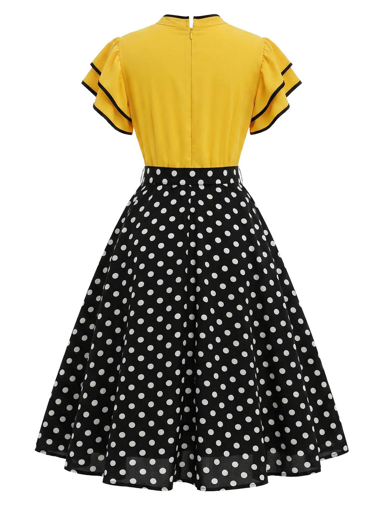 [Prévente] Robe Jaune et Noir à Pois Volant Patchwork Années 1950