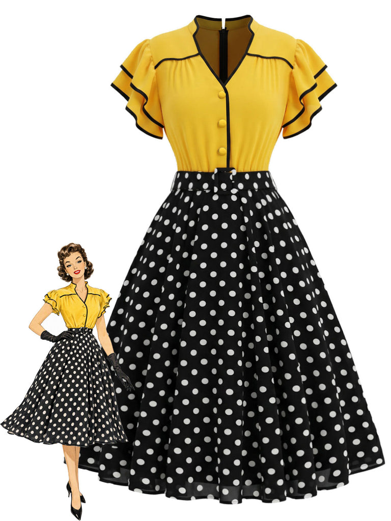 [Prévente] Robe Jaune et Noir à Pois Volant Patchwork Années 1950