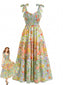 Robe longue motifs floraux smocks et bretelles nouer années 1930