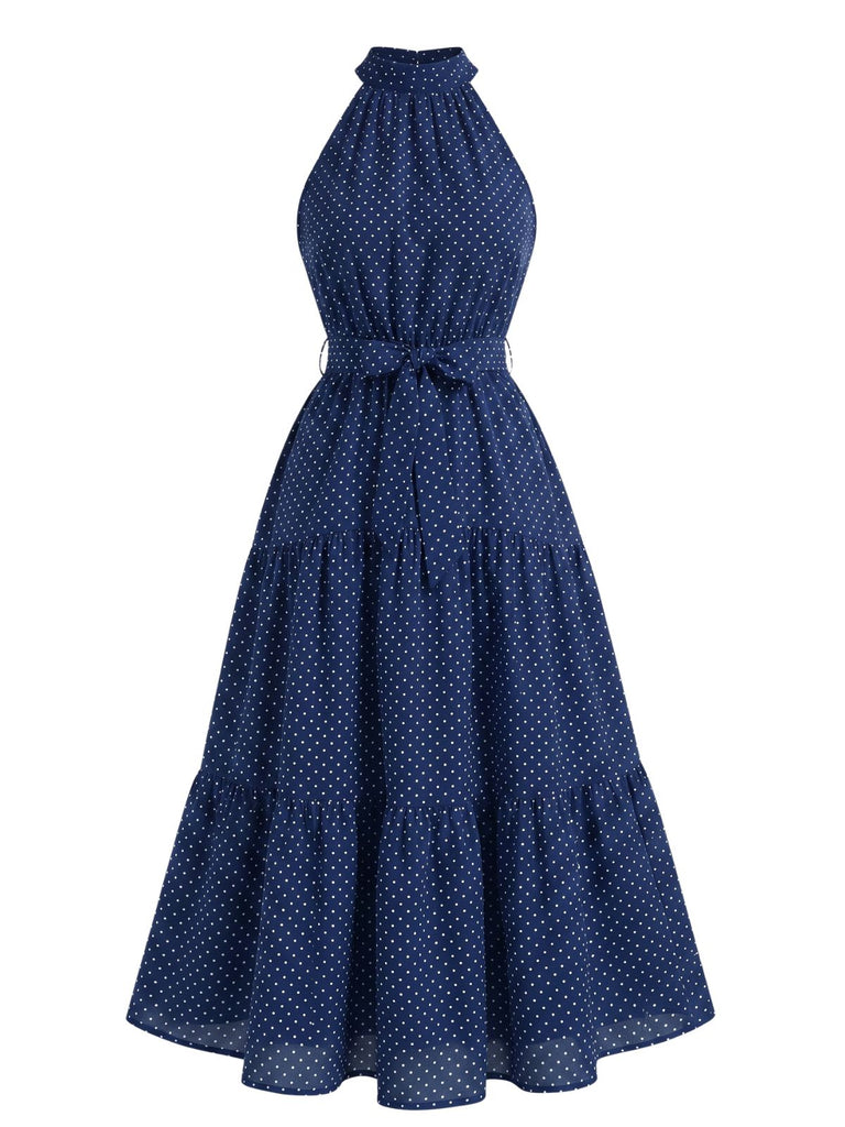 Robe Midi Évasée Dos-Nu Nœud Taille à Pois Années 30