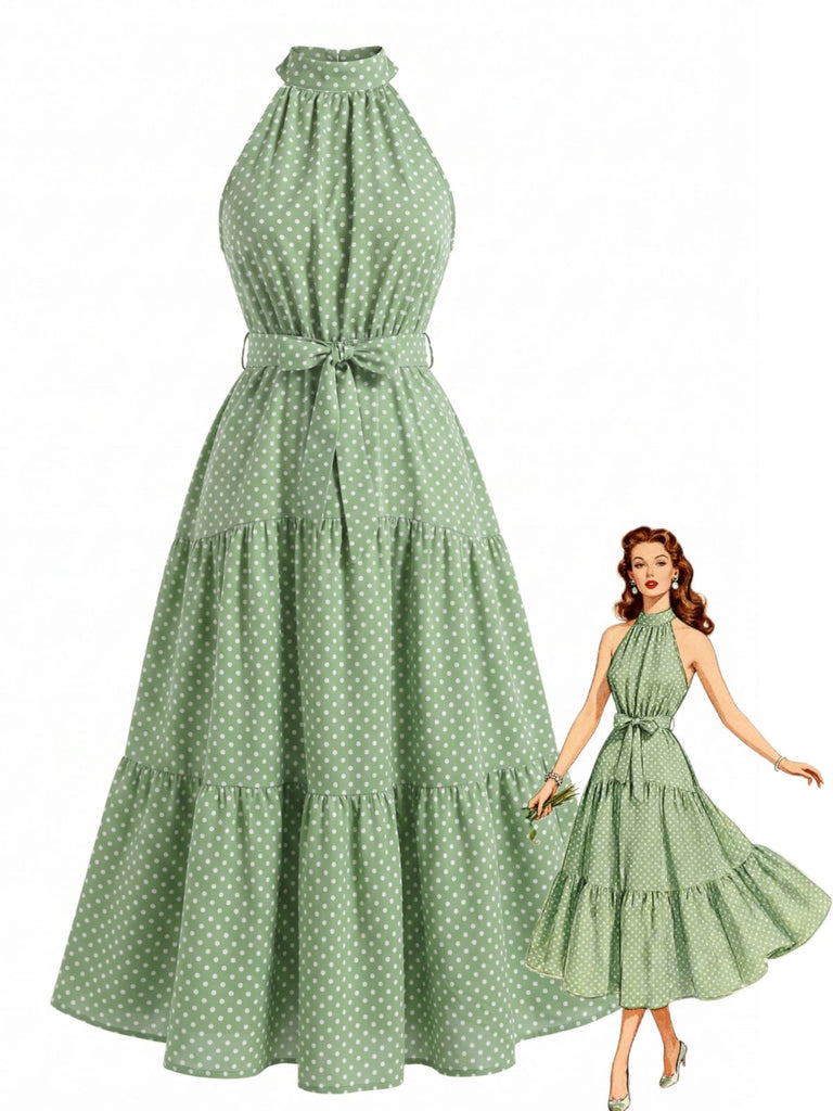 Robe Midi Évasée Dos-Nu Nœud Taille à Pois Années 30