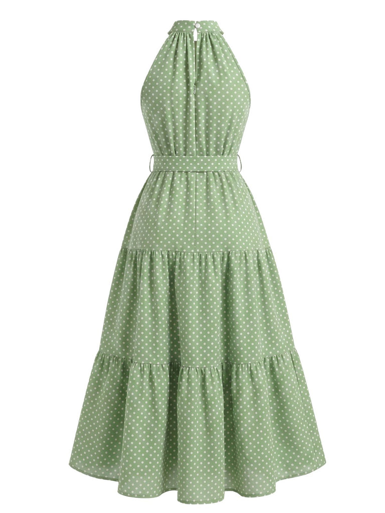 Robe Midi Évasée Dos-Nu Nœud Taille à Pois Années 30