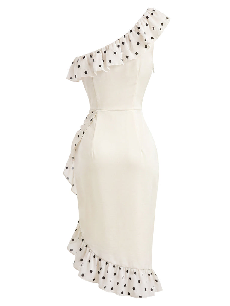 [Prévente] Robe Asymétrique Crème à Pois Volant Une Épaule Années 1960 4