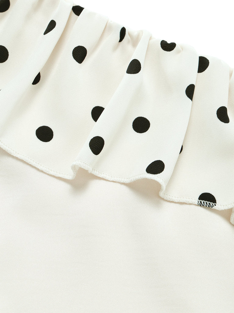 [Prévente] Robe Asymétrique Crème à Pois Volant Une Épaule Années 1960 6