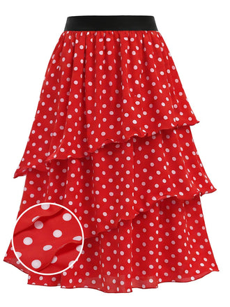 [Prévente] Jupe Rouge Taille Haute à Pois à Étages Volant Années 1940