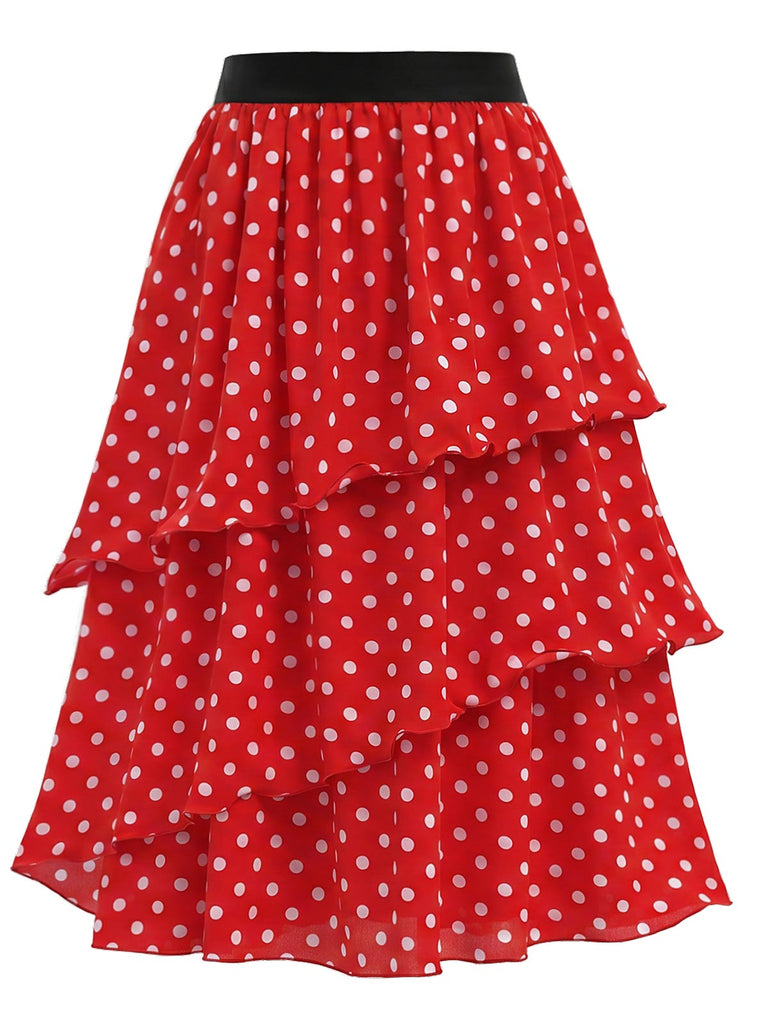 [Prévente] Jupe Rouge Taille Haute à Pois à Étages Volant Années 1940 2