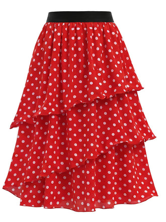 [Prévente] Jupe Rouge Taille Haute à Pois à Étages Volant Années 1940 2
