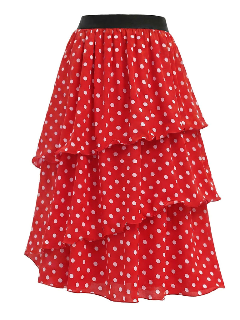 [Prévente] Jupe Rouge Taille Haute à Pois à Étages Volant Années 1940 3