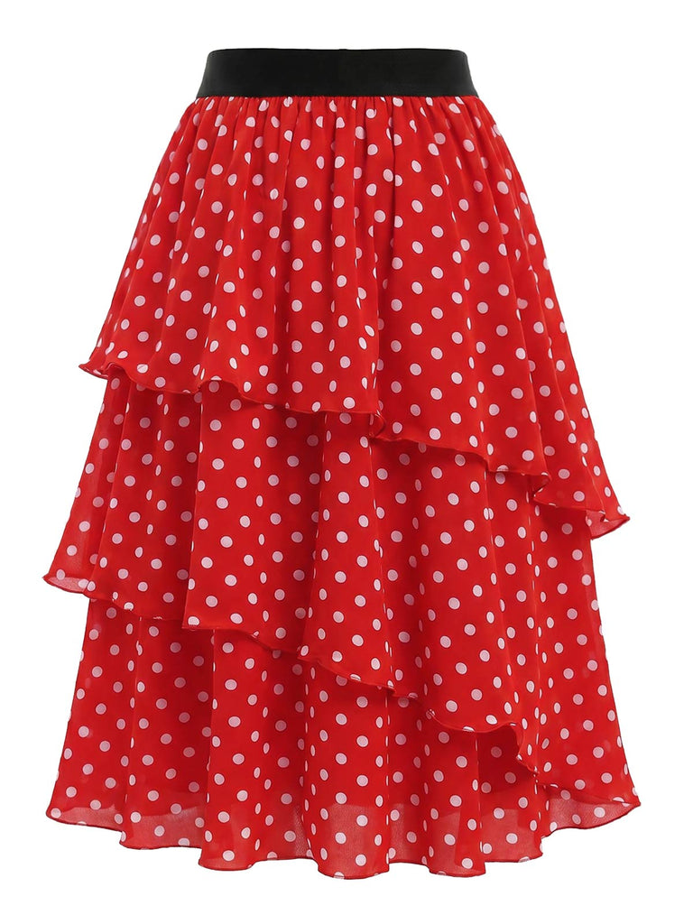 [Prévente] Jupe Rouge Taille Haute à Pois à Étages Volant Années 1940 4