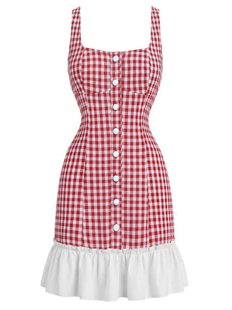 [Prévente] Mini Robe Rouge Vichy Col Carré à Ourlet Volant Années 1960 2