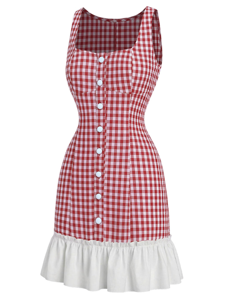 [Prévente] Mini Robe Rouge Vichy Col Carré à Ourlet Volant Années 1960 3