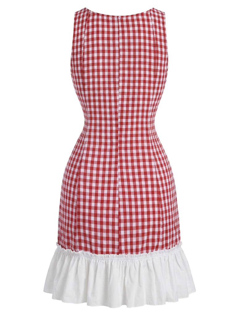 [Prévente] Mini Robe Rouge Vichy Col Carré à Ourlet Volant Années 1960 4