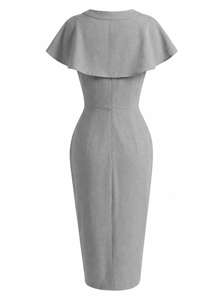 [Prévente] Ensemble 2 pièces gris avec robe crayon taille haute et cape à nœud années 1960