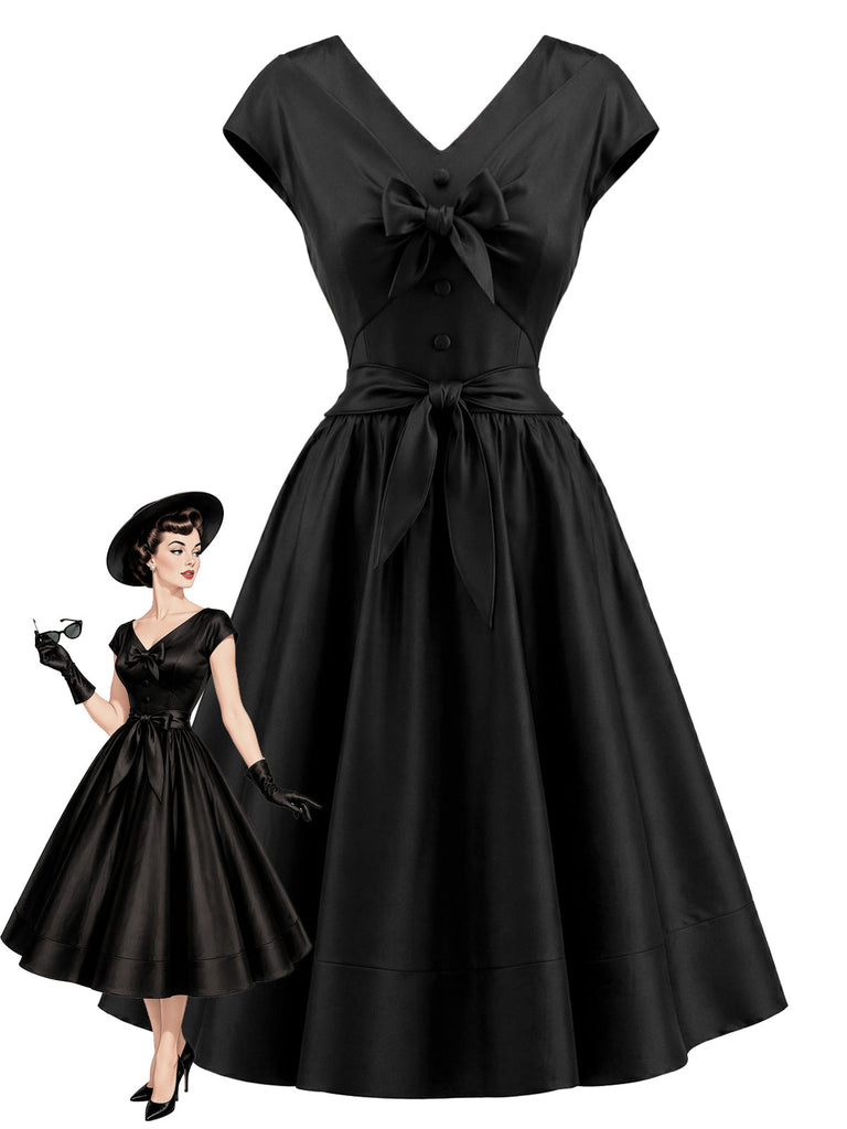 [Prévente] Robe évasée noire unie à col V et sans manches années 1950