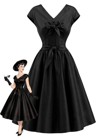 [Prévente] Robe évasée noire unie à col V et sans manches années 1950