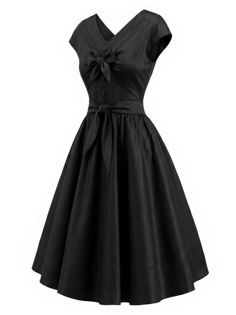 [Prévente] Robe évasée noire unie à col V et sans manches années 1950