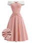 [Prévente] Robe évasée rose épaules dénudées et nœud la taille années 50
