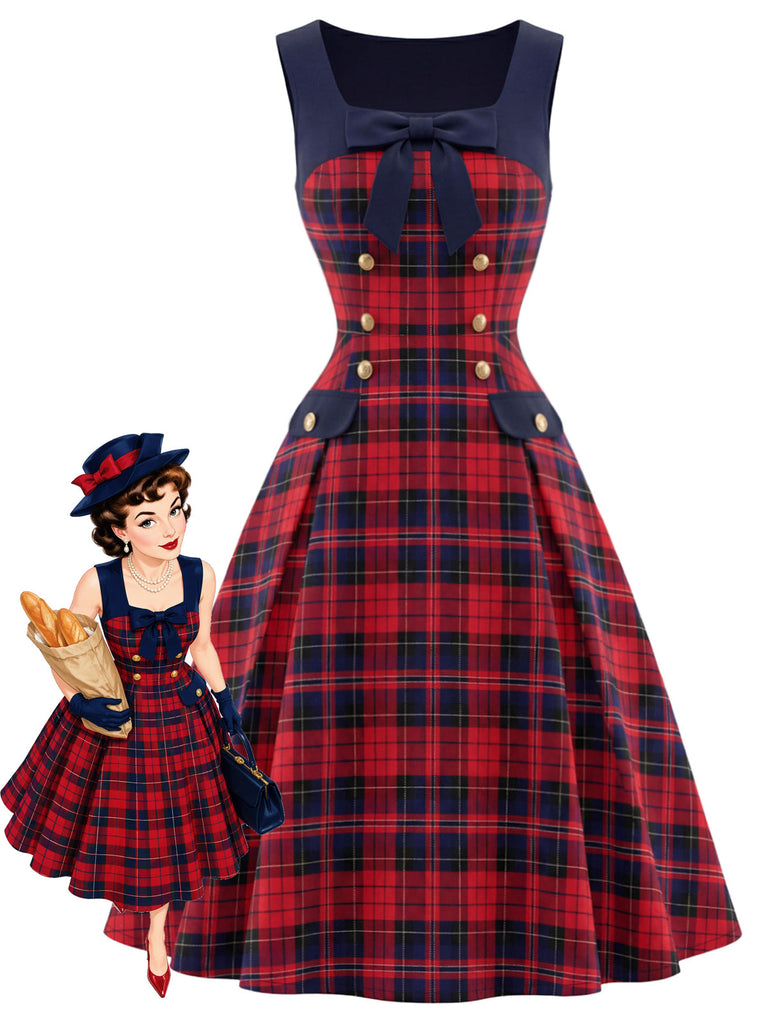 [Prévente] Robe à carreaux tartan, col carré, nœud et double boutonnage Années 1950 - 1