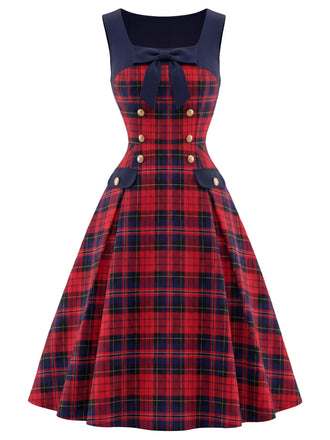 [Prévente] Robe à carreaux tartan, col carré, nœud et double boutonnage Années 1950 - 2