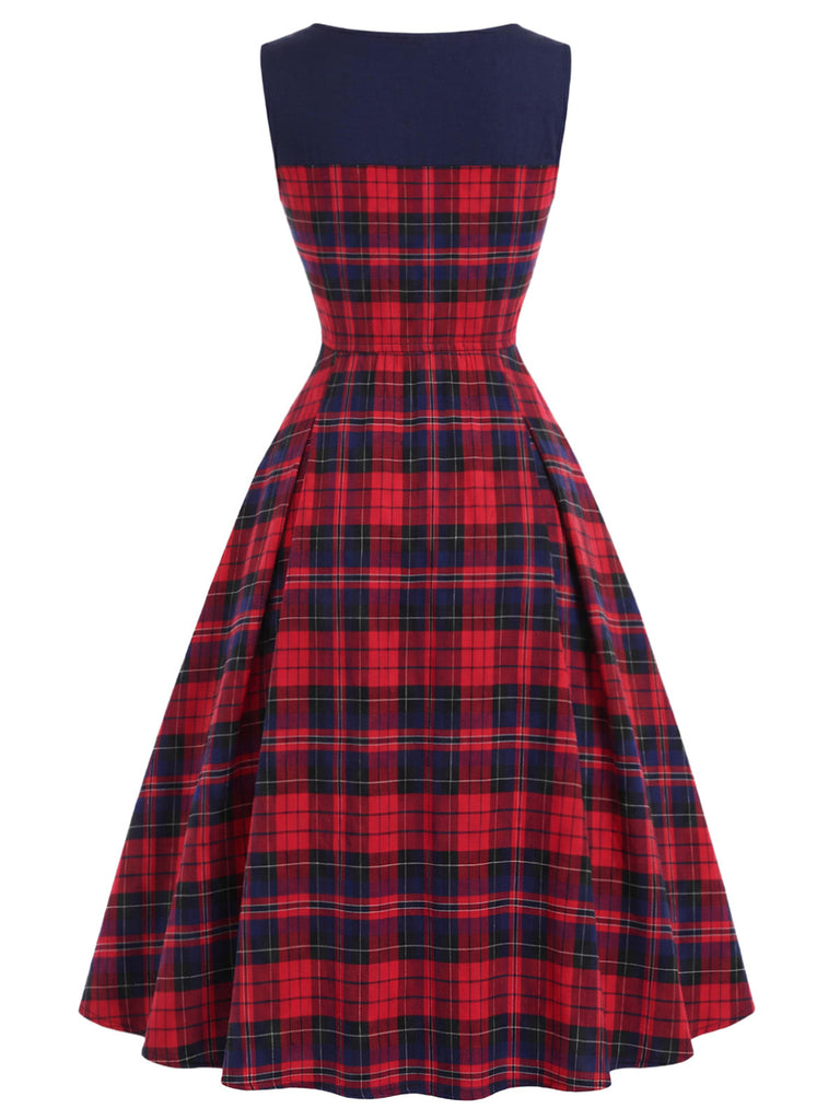 [Prévente] Robe à carreaux tartan, col carré, nœud et double boutonnage Années 1950 - 4