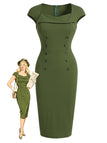 [Prévente] Robe Vert Uni Encolure Cœur Boutonné Années 1960