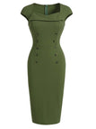 [Prévente] Robe Vert Uni Encolure Cœur Boutonné Années 1960 2