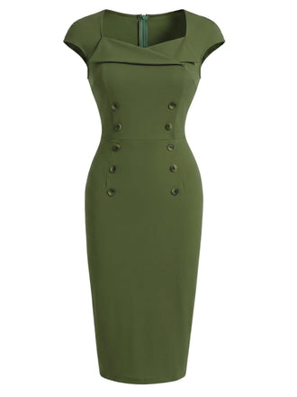 [Prévente] Robe Vert Uni Encolure Cœur Boutonné Années 1960 2