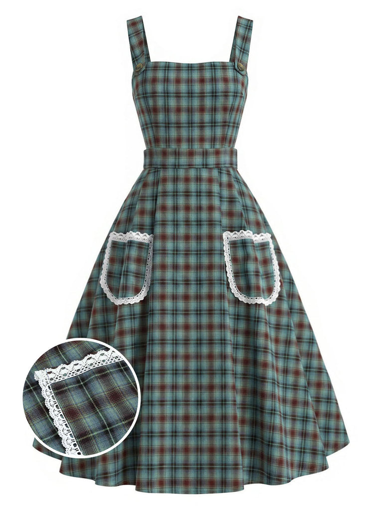 [Prévente] Robe Chasuble Verte à Carreaux Dentelle avec Poche Années 1950
