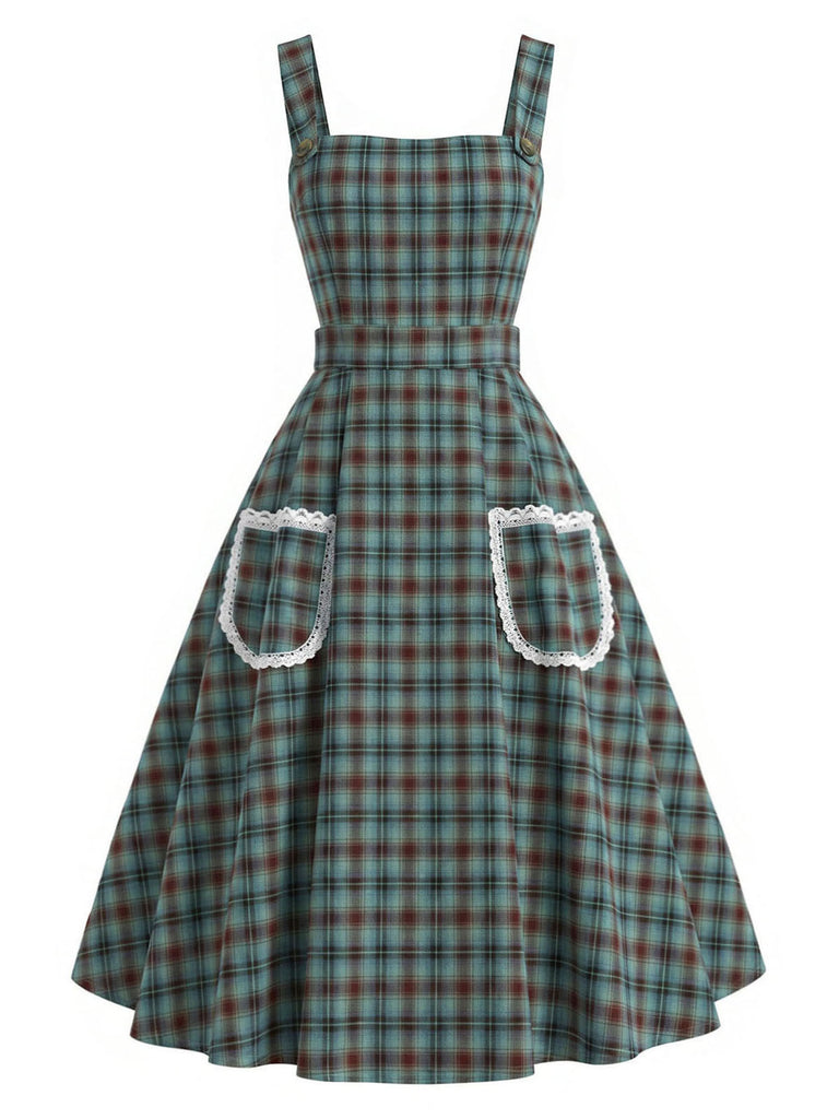 [Prévente] Robe Chasuble Verte à Carreaux Dentelle avec Poche Années 1950 2