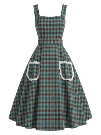 [Prévente] Robe Chasuble Verte à Carreaux Dentelle avec Poche Années 1950 2
