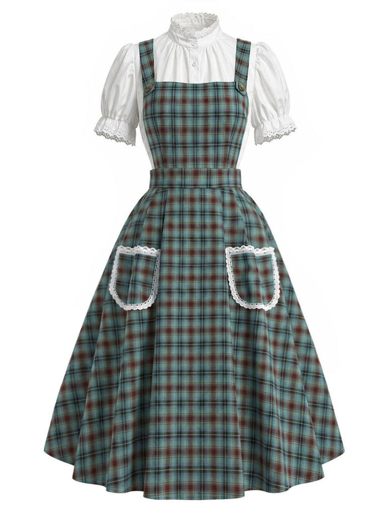 [Prévente] 2PCS Robe Chasuble Verte à Carreaux Dentelle avec Poches & Haut Blanc Années 1950 2