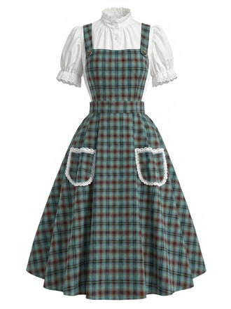 [Prévente] 2PCS Robe Chasuble Verte à Carreaux Dentelle avec Poches & Haut Blanc Années 1950 2