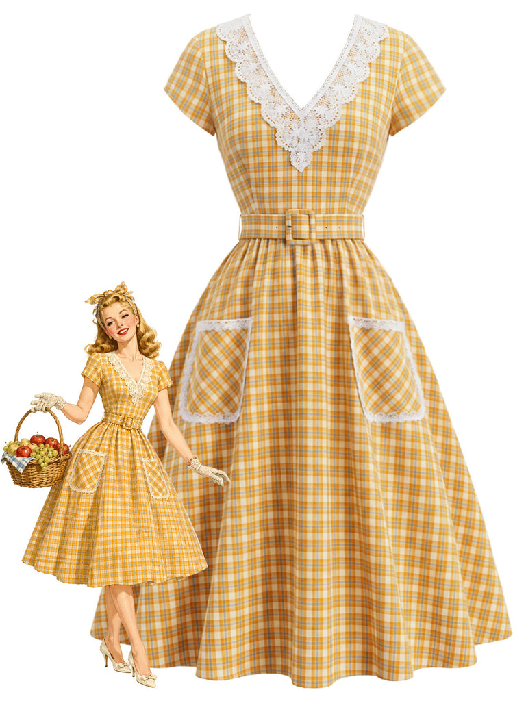 [Pre-Sale] Orange Color 1940s Plaid Vintage Classic Dress