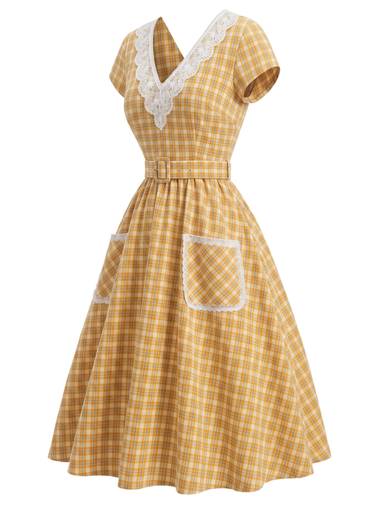 [Pre-Sale] Orange Color 1940s Plaid Vintage Classic Dress 3