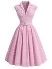 [Prévente] Robe Rose Vichy Revers Col V Ceinturé Évasé Années 1940 2