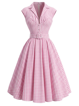 [Prévente] Robe Rose Vichy Revers Col V Ceinturé Évasé Années 1940 2