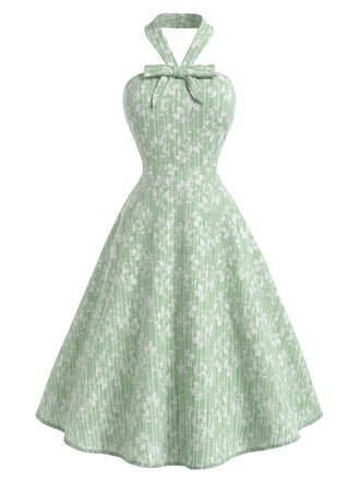 [Prévente] Robe Vert Menthe Floral Coton Dos Nu Nœud Évasé Années 1940 2