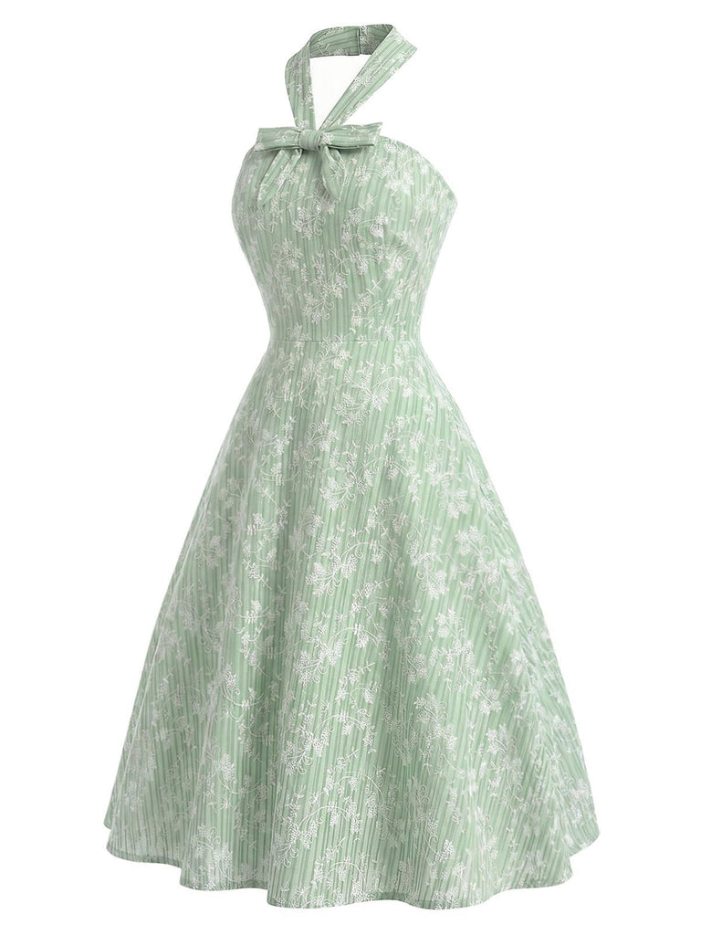 [Prévente] Robe Vert Menthe Floral Coton Dos Nu Nœud Évasé Années 1940 3