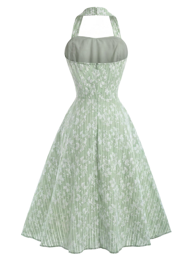 [Prévente] Robe Vert Menthe Floral Coton Dos Nu Nœud Évasé Années 1940 4